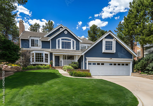 Photo of an elegant two-story house with white accents, blue-gray walls, and green grass in the front yard, with a garage door on the right side, in a Colorado Springs landscape.