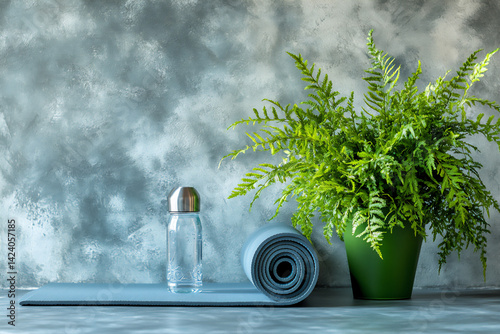 rolled yoga mat with water bottle and green plant (wellness),