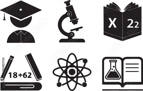 Set of 6 silhouette icons related to a textbook, a notebook and some elements. Flat black color icon collection. Editable filled design art. Vector illustration