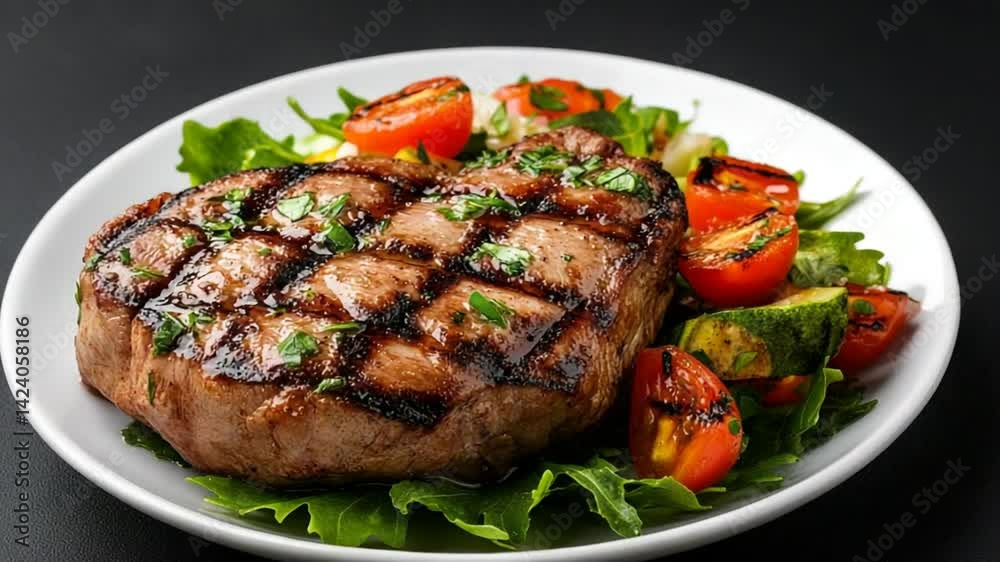 Grilled Beef Steak on a Bed of Fresh Greens with Cherry Tomatoes and Vegetables Garnish Grilled Beef Steak on a Bed of Fresh Greens with Cherry Tomatoes and Vegetables Garnish