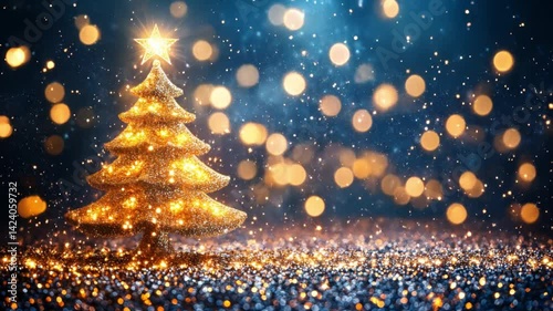 A glittering golden Christmas tree with a glowing star on top, surrounded by sparkling lights and a magical blue and gold bokeh background.