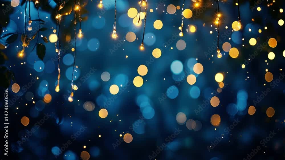 A dreamy scene of glowing fairy lights and golden orbs hanging amidst leaves, with a soft, dark blue bokeh background.