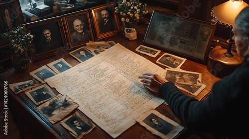 Elderly woman studying detailed family genealogy chart with vintage portraits around. Exploring ancestry and family roots. Genealogy Day discovery