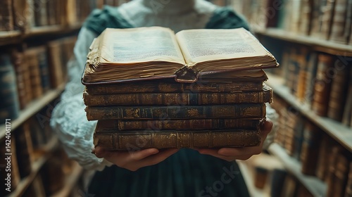 Close-up of antique books stacked in old library, symbolizing preserved family histories and records. Tracing lineage and stories. Genealogy Day concept