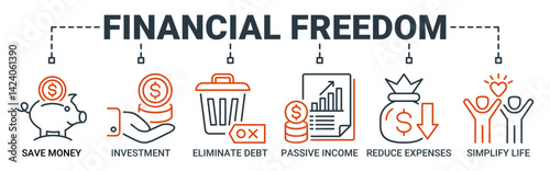 Financial freedom banner web icon vector illustration concept with icon of save money, investment, eliminate debt, passive income, reduce expenses, simplify life icons. Outline symbol background.