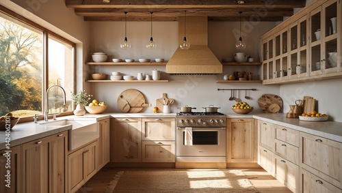 This kitchen welcomes light warmth and natural materials