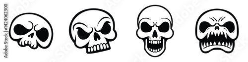 Black and White Angry Skull Vector Bundle with Bold Outline