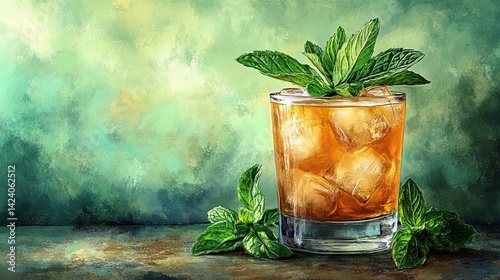 Mint Julep Cocktail Illustration with Fresh Ingredients and Garnish 