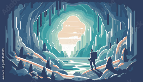 Cave entrance in colorful modern vector illustration style