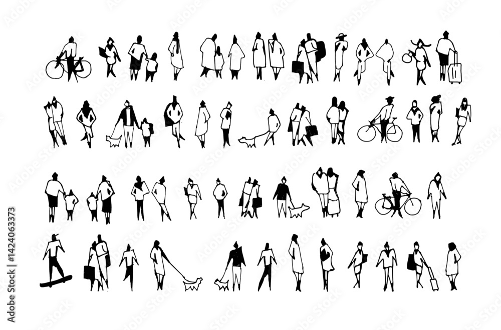 Fototapeta premium Hand-drawn sketch people illustrations, people vector in park out door illustration, Minimal style hand drawn, set elements for architecture and landscape design. Sections, Elevations, Floor Plans.