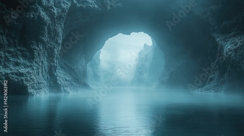 Misty Cave Landscape with Surreal River and Dreamy Atmosphere 