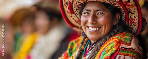 Smiling peruvian woman in traditional andean clothing posing for a portrait photo