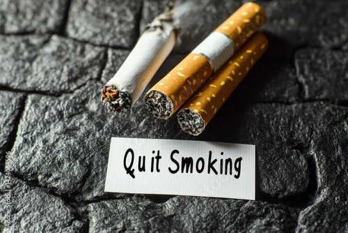 Cigarettes and Quit Smoking Message on Dark Textured Surface
