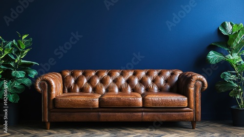 Elegant brown leather sofa against a dark blue wall, adorned with green potted plants and hardwood flooring in a modern interior