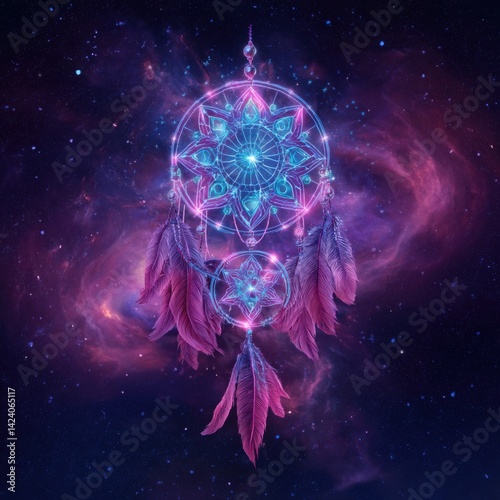 Digital illustration of a glowing dreamcatcher against a nebula background, symbolizing spirituality and dreams. Perfect for posters, phone cases, apparel, and wall art.