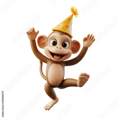 Joyful 3D Render of a Jumping Monkey Wearing a Party Hat