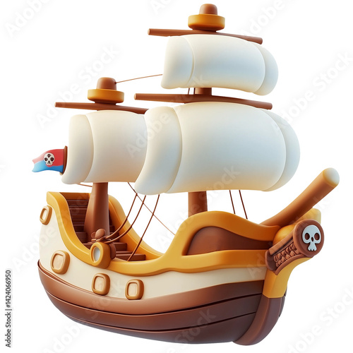 Cartoon Pirate Ship: 3D Render of a Playful Jolly Roger Vessel