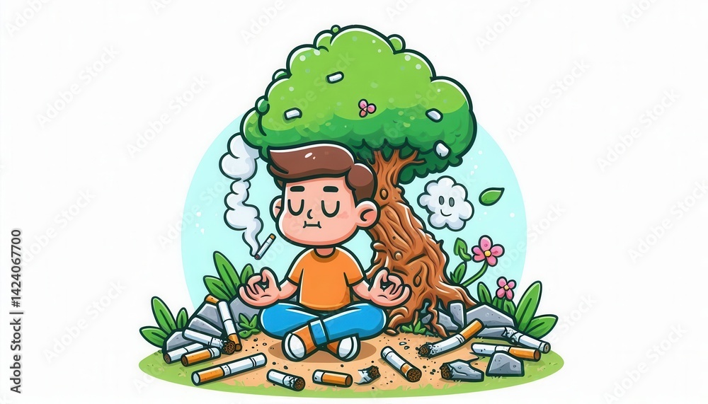 Obraz premium Meditative boy surrounded by cigarette waste nature scene digital artwork calm environment