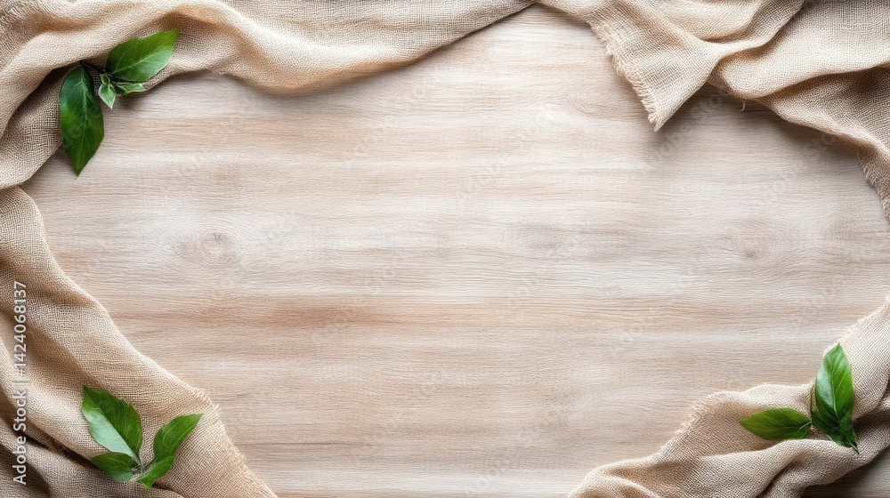 Light beige fabric draped over a light wood surface, accented with fresh greenery Light beige fabric draped over a light wood surface, accented with fresh greenery