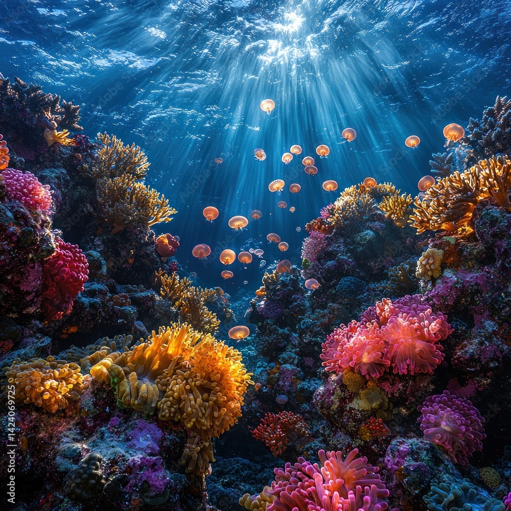 Fototapeta premium Underwater Eden: Sunlit Jellyfish Dance Amidst Vibrant Coral Reefs