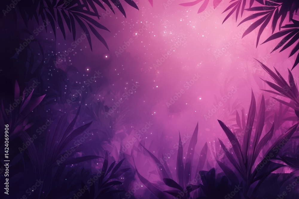 Dreamy Purple Jungle Background with Glowing Stars and Leaves Dreamy Purple Jungle Background with Glowing Stars and Leaves
