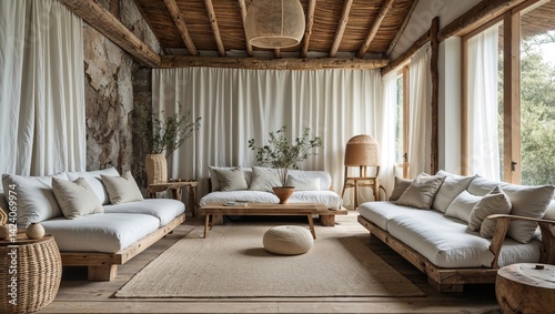 The natural textures of wood and linen create a serene space