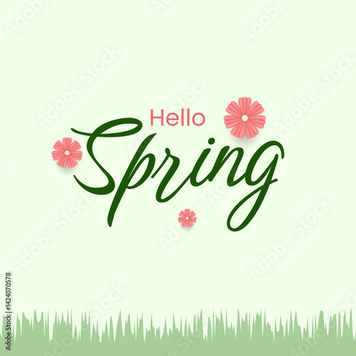Hello spring greeting with three pink flowers and green grass