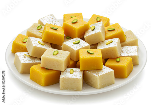 Delicious Indian sweets, barfi, on a plate isolated on white background.