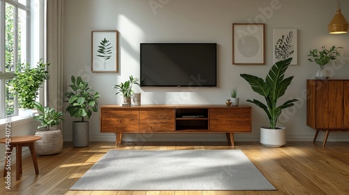 Modern living room interior with smart TV and minimal design elements