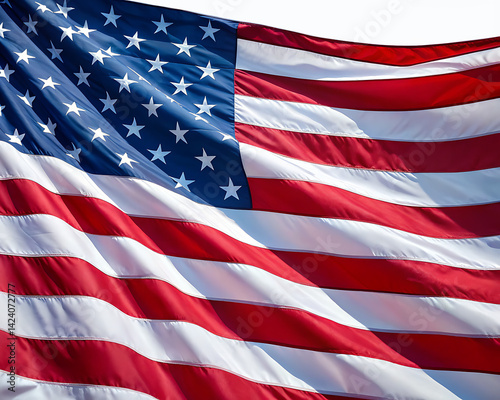 A majestic American flag billowing in the wind, a powerful symbol of freedom and patriotism, showcasing vibrant red and white stripes and a field of blue stars under bright sunlight.