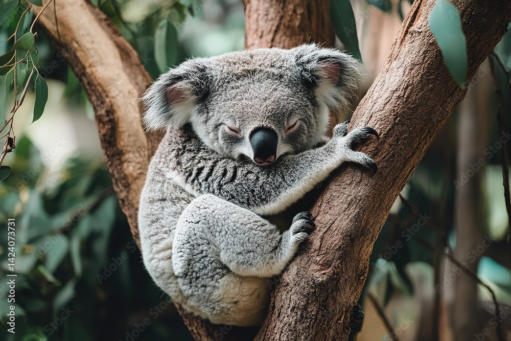 Fototapeta premium A cute koala perched lazily in a tree, holding onto a branch with ease
