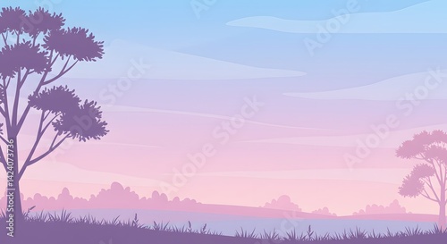 Pastel Sky Landscape with Trees at Sunset Silhouette Vector