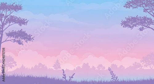 Pastel Sky Landscape with Silhouetted Trees and Grass
