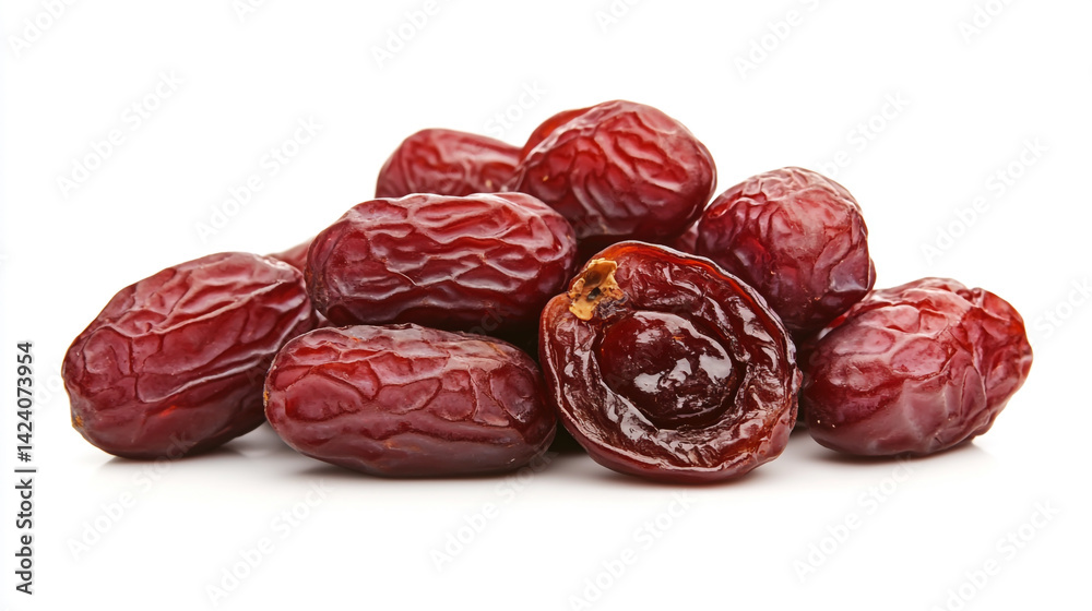 A pile of whole dried Chinese red dates alongside a halved date, isolated on a clean white background, highlighting their rich color and texture. A pile of whole dried Chinese red dates alongside a halved date, isolated on a clean white background, highlighting their rich color and texture.
