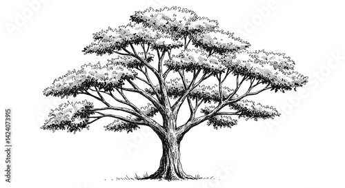 Drawing of Deciduous Tree with Detailed Branches and Foliage