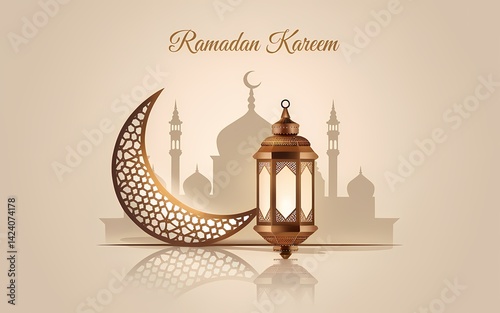 Serene and Elegant Ramadan-Themed Design Featuring an Intricately Designed Lantern Crescent Moon with Geometric Patterns a Subtle Mosque Silhouette and Ramadan Kareem Text on a Muted Beige Background