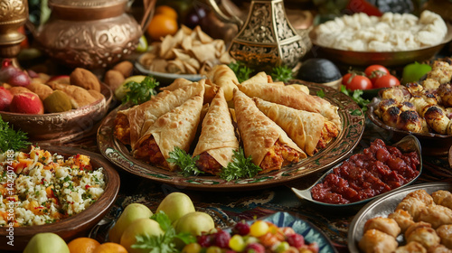 A Ramadan feast featuring samosas, kebabs, and fresh fruits.