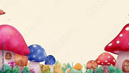 Background of an imaginary mushroom house village in a fairy tale