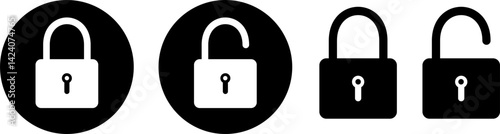 Lock icon collection. Locked and unlocked black vector icon set. Flat security symbol. Vector illustration.
