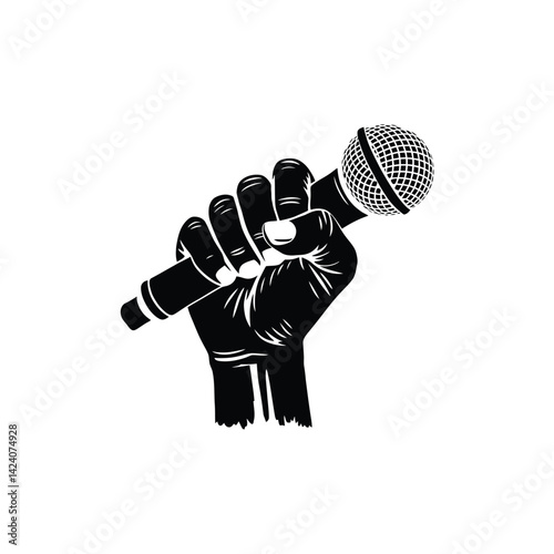 Raised Fist Holding Microphone, Black silhouette of a hand holding a microphone, expression, performance, public speaking, voice, activism, and communication. sharing opinions, creativity