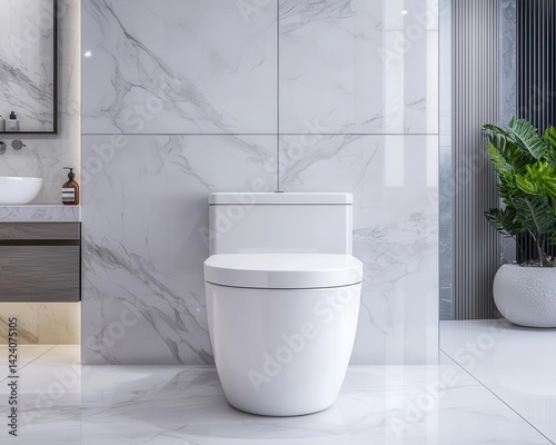 Luxury smart toilet in a highend hotel bathroom, featuring motionactivated lid opening and premium comfort features photo