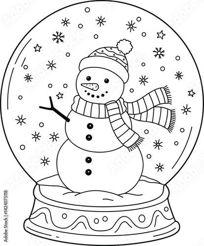 christmas a4 colouring page, cartoon snowman in snow globe. 