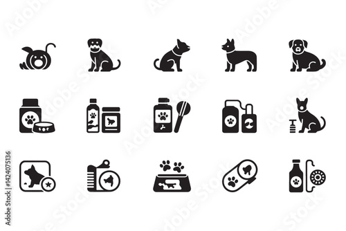 Black silhouette icon set of pet supplies