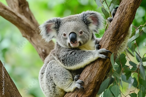 A cute koala perched lazily in a tree, holding onto a branch with ease