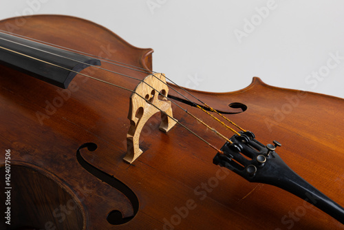 Detailed studio close-up of a classical cello showing the body and strings, photographed on a clean white background. The image highlights the fine wood grain, curved shape, and craftsmanship of the i