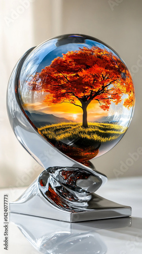 A glowing photic ball on a sleek metal stand containing a miniature tree