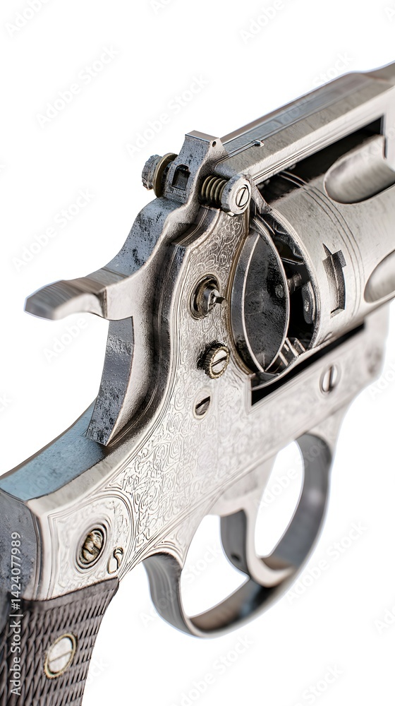 Ornate Silver Revolver CloseUp with Intricate Engravings on a White Background Ornate Silver Revolver CloseUp with Intricate Engravings on a White Background