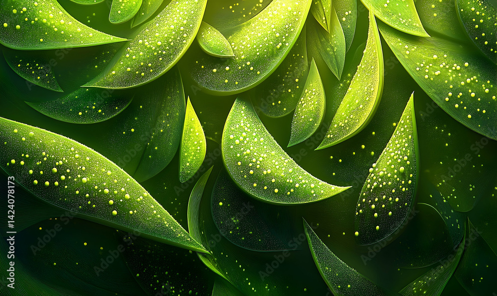 Fototapeta premium Lush green leaves with sparkling droplets creating a vibrant, natural background scene