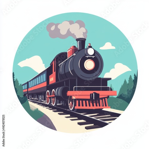 Vintage steam train with smoke on track, forest landscape in background