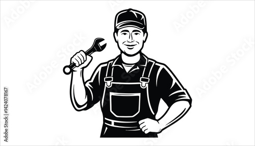 Construction Worker with Wrench, Builder Silhouette